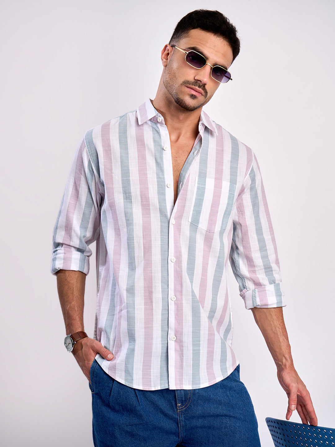 Men Pink and White Striped Single Pocket Shirt