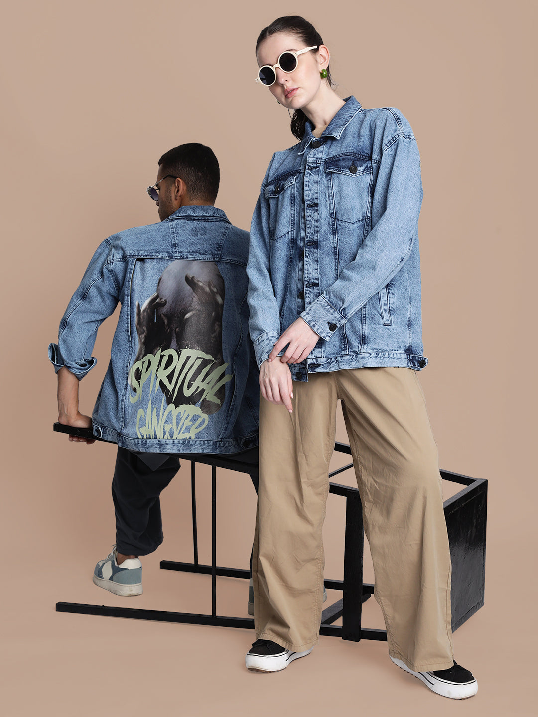 Gender-Fluid Mood Switch Oversized Denim Jacket with Detachable Back Panel