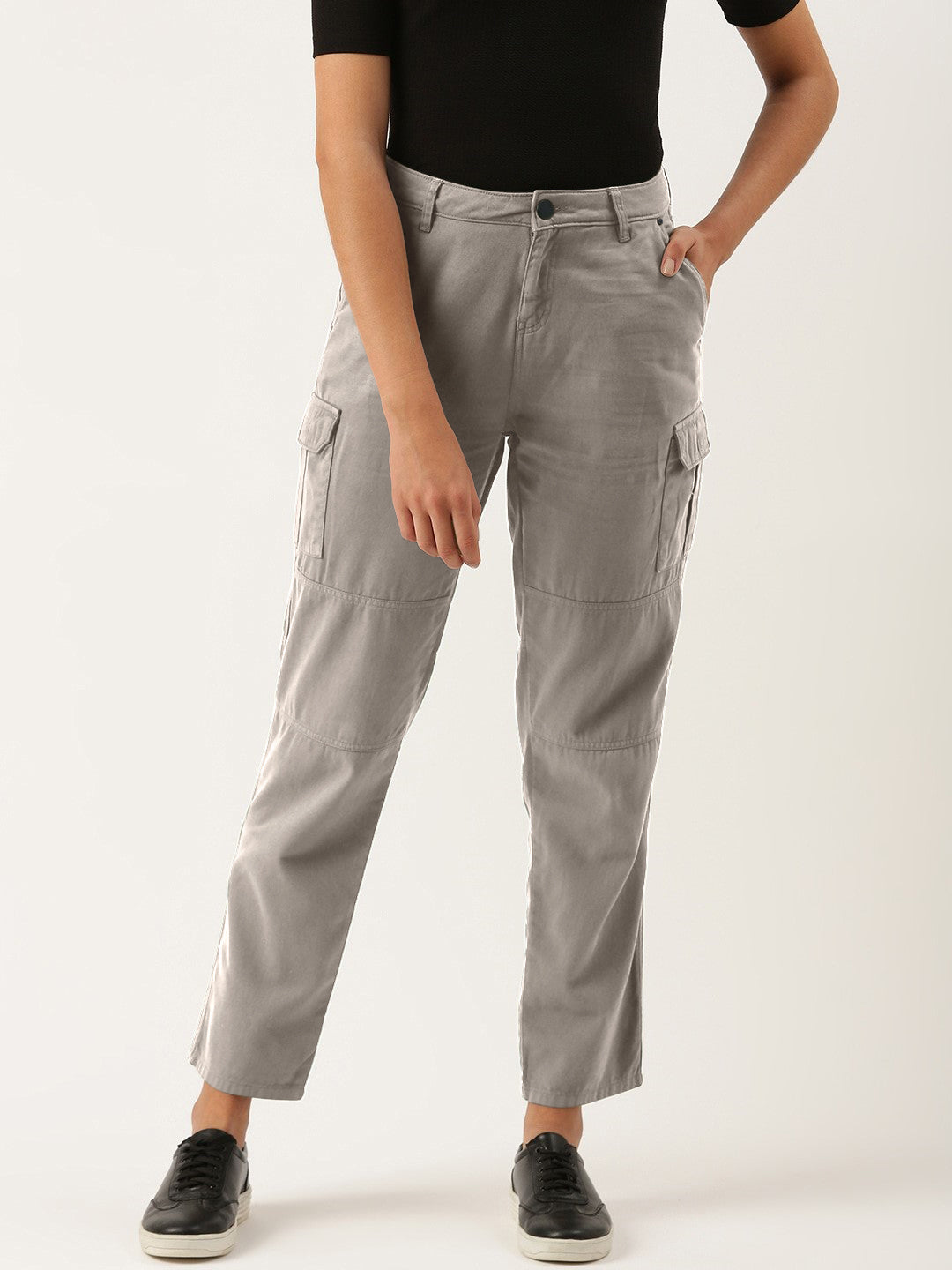 Women Silver Grey Slim Fit Solid Cargo Trousers