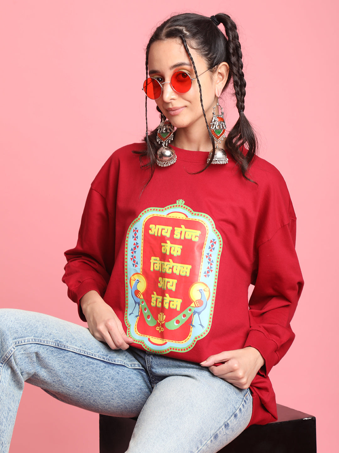 Women Red Oversize Printed Sweatshirt