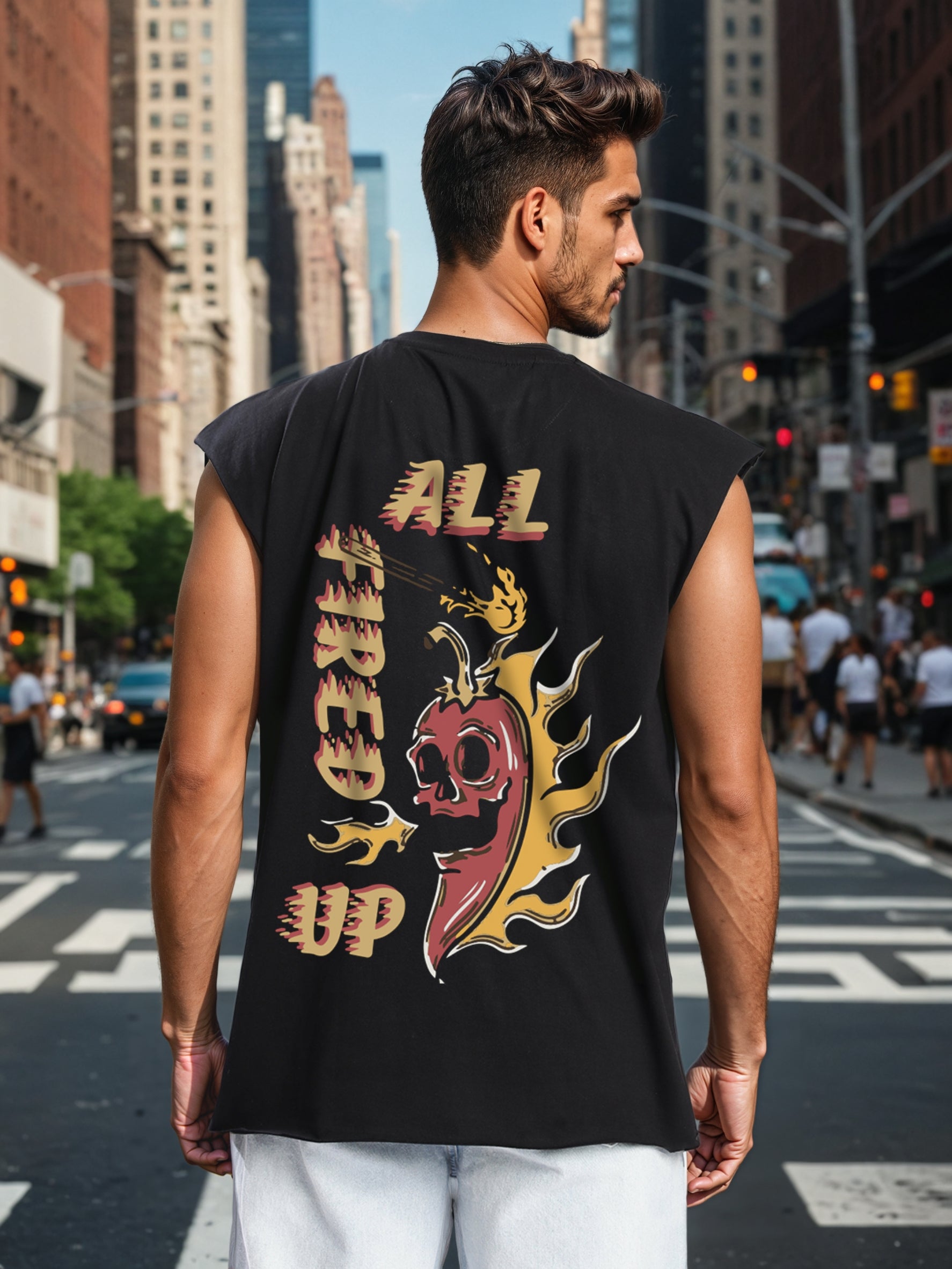 Men Black Sleeveless Graphic Oversized T Shirt