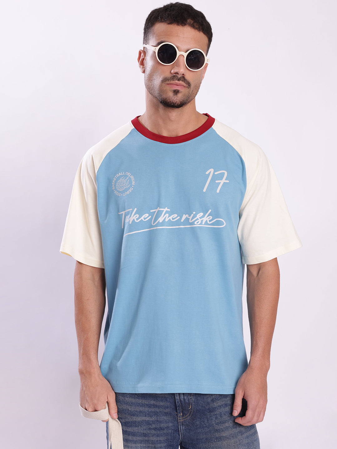 Men Blue and Beige Raglan Sleeve Typography Oversize Tshirt