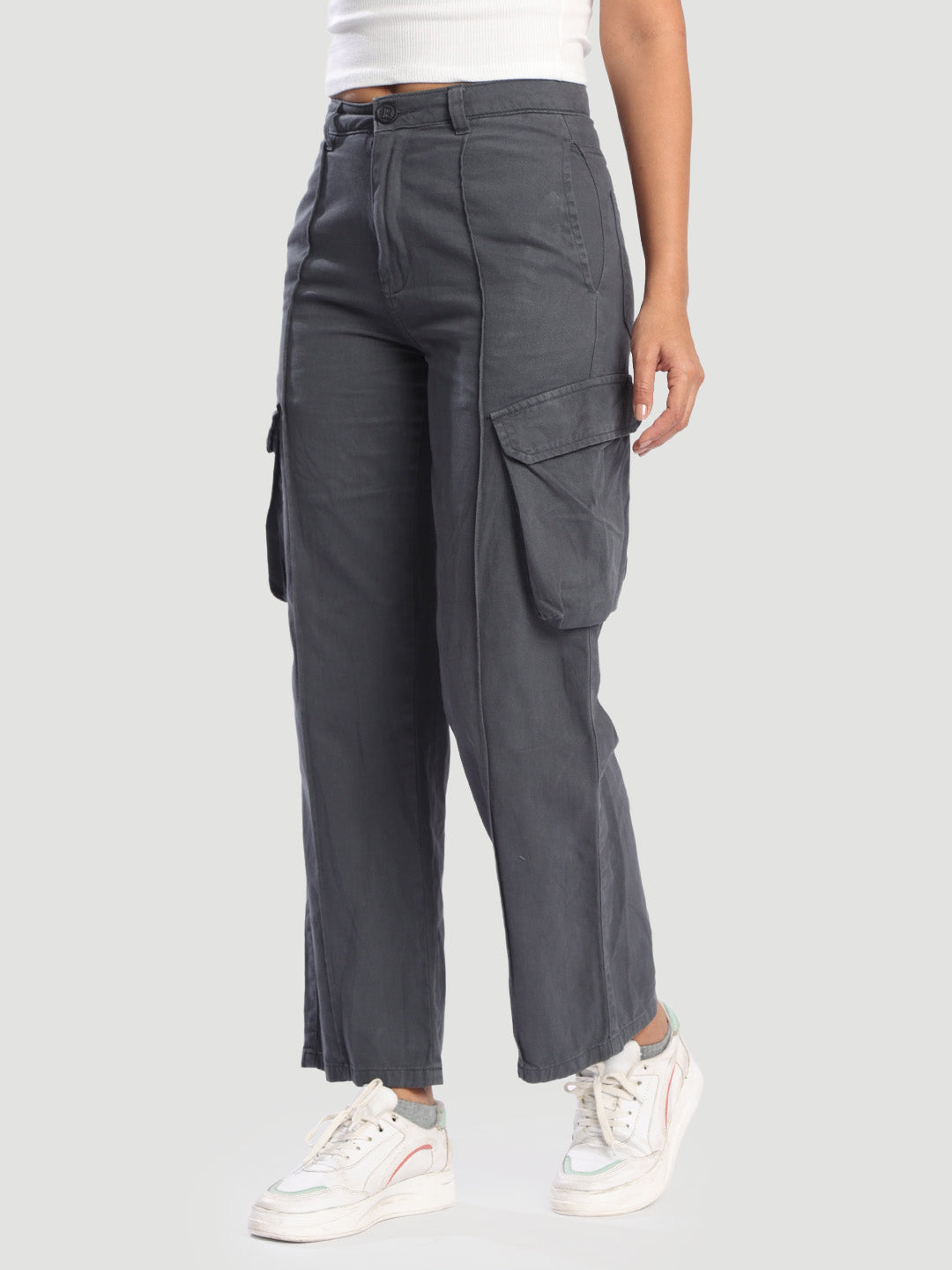 Womens cargo trouser with slanted pockets and front cut and sew till hem line