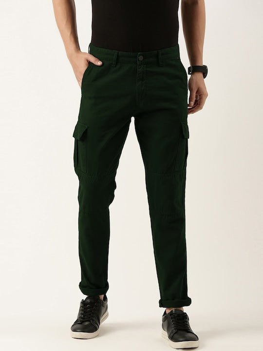 Men Alpine Green Slim Fit Solid Cargo Trouser