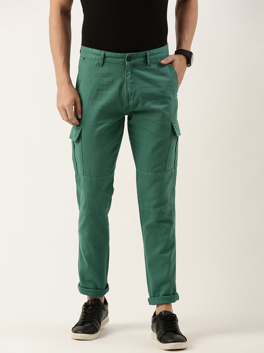 Men Green Slim Fit Solid Cargo Trouser