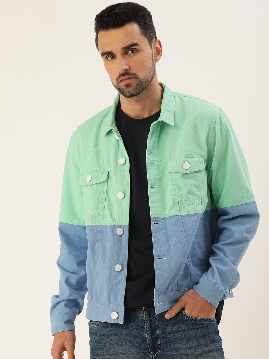 Men Mint/Blue Slim Fit Colour Block Jacket