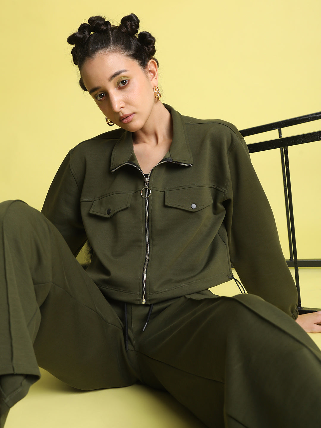 Women Olive Cropped Jacket