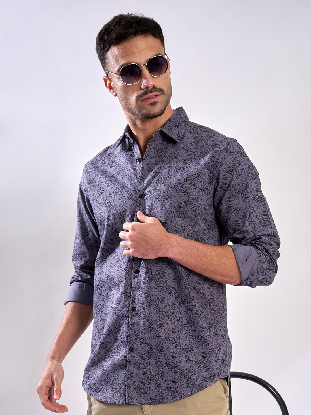 Men Purple Ditsy printed Single Pocket Shirt