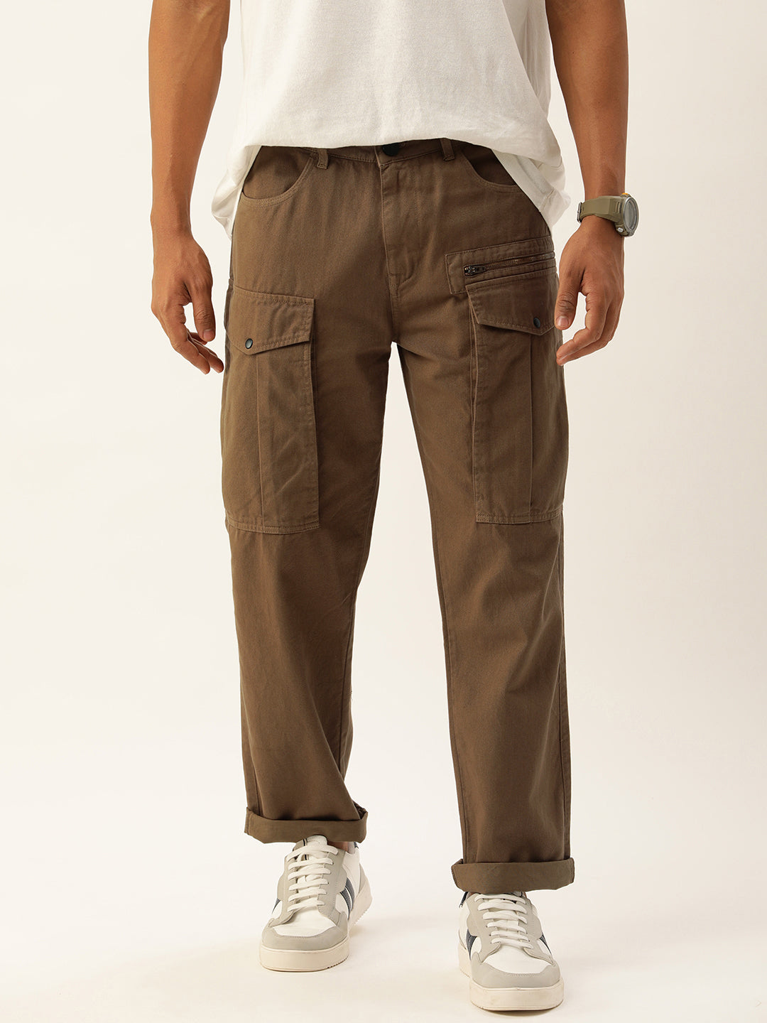 Men Coffee Liquer Overdyed Relaxed Fit Solid Cargo Trouser