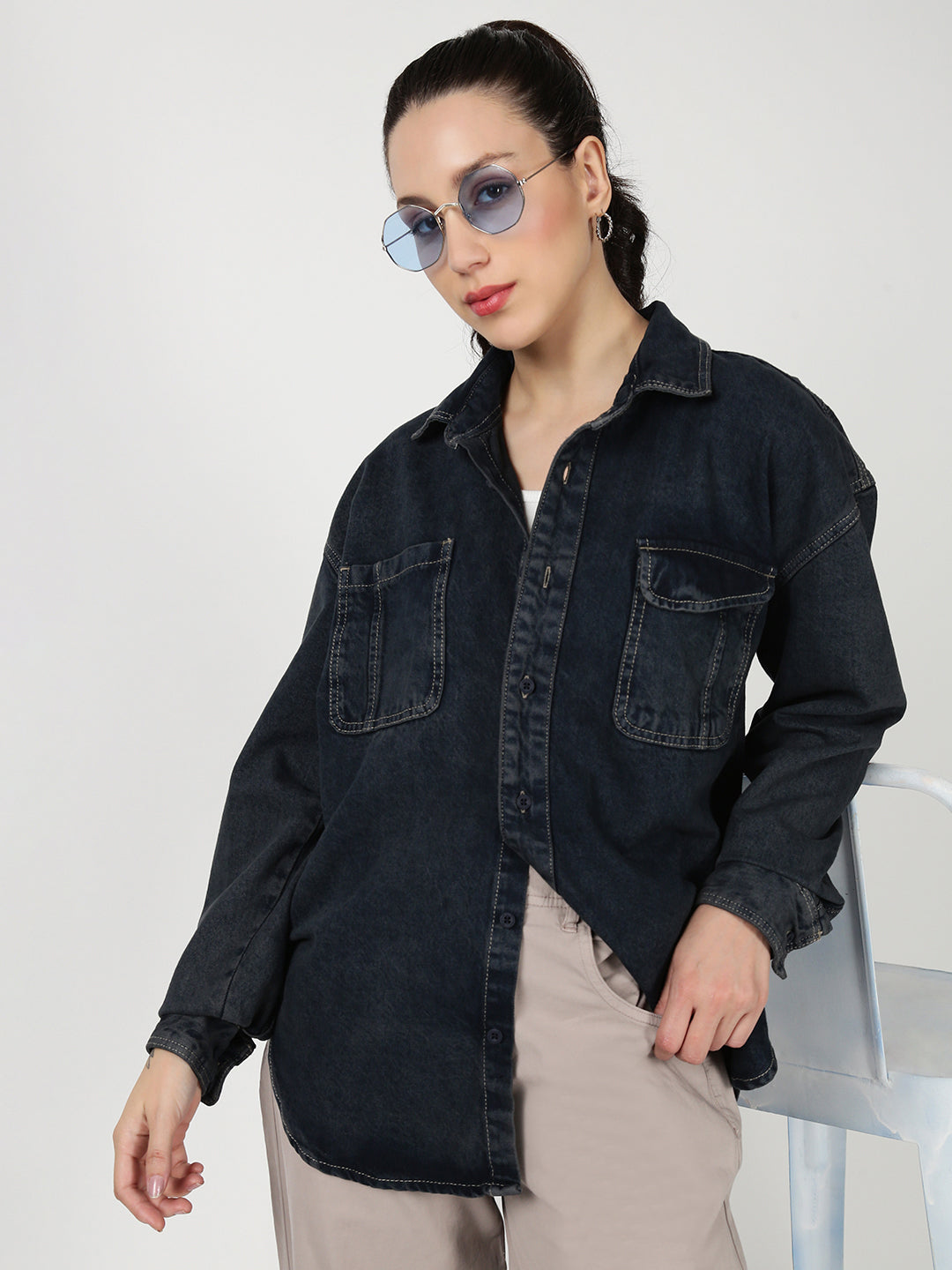 Women Blue Oversize Denim Shirt