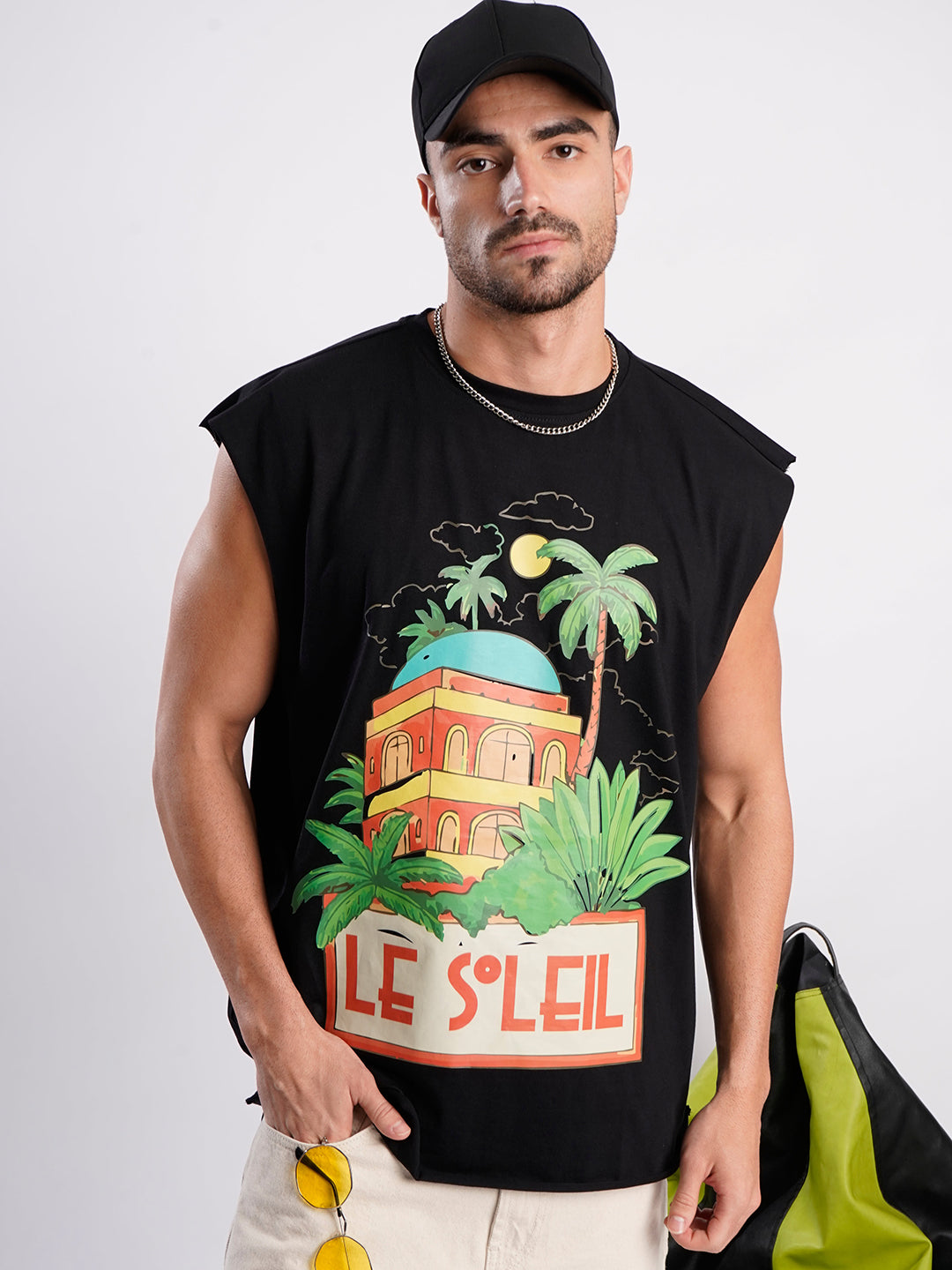 Men Black Sleeveless Graphic Oversized T Shirt