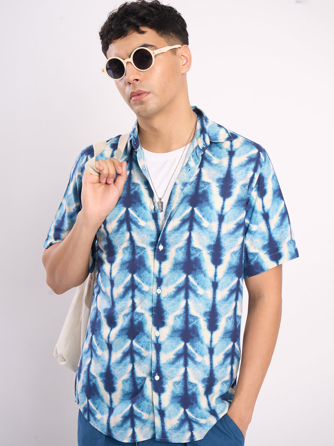 Men Blue and White Abstract Printed Shirt