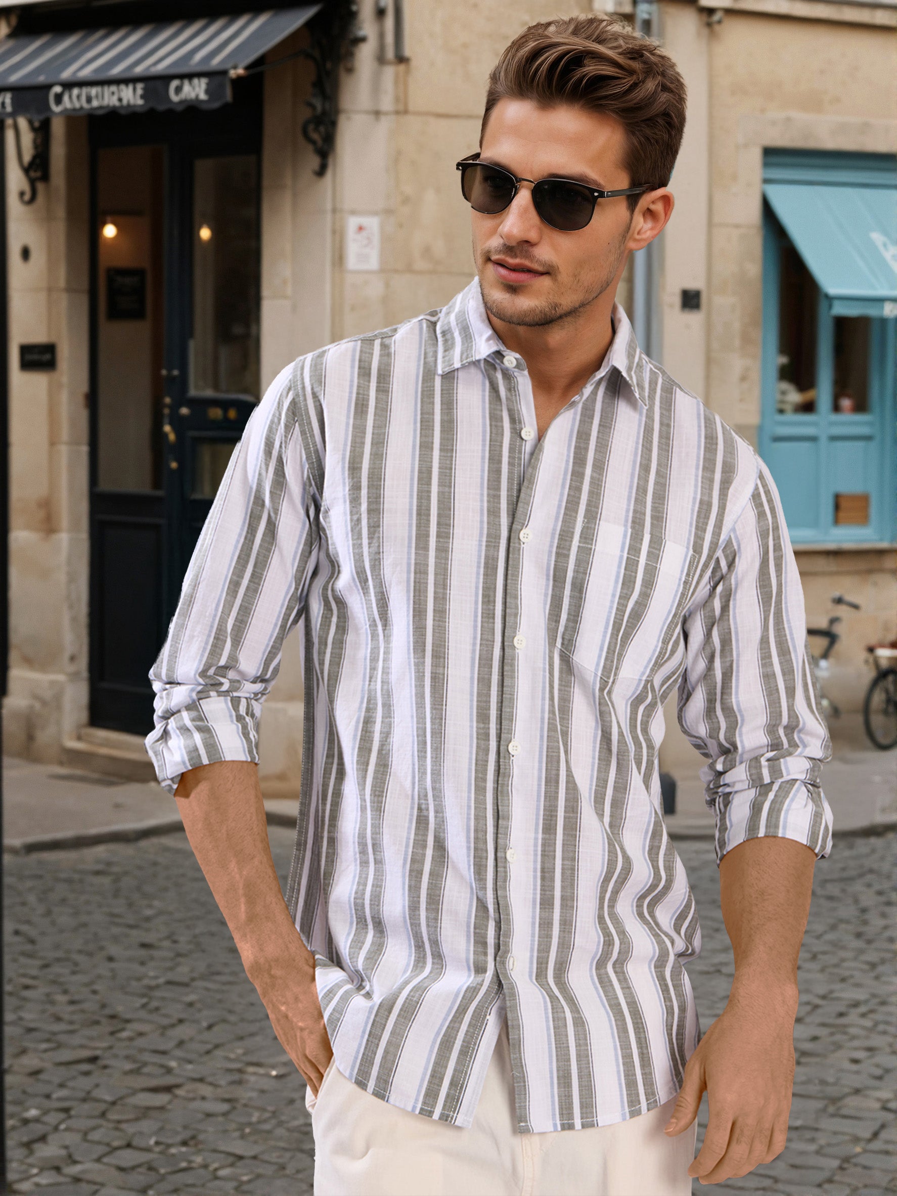 Men Green and White Striped Single Pocket Shirt