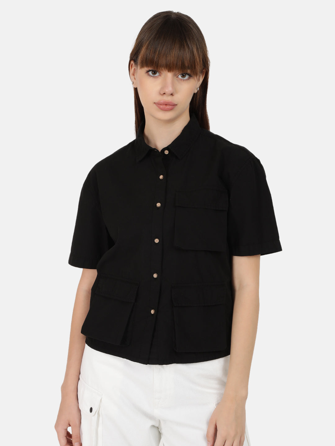 Women Black Overdyed 3 Pockets Casual Shirt