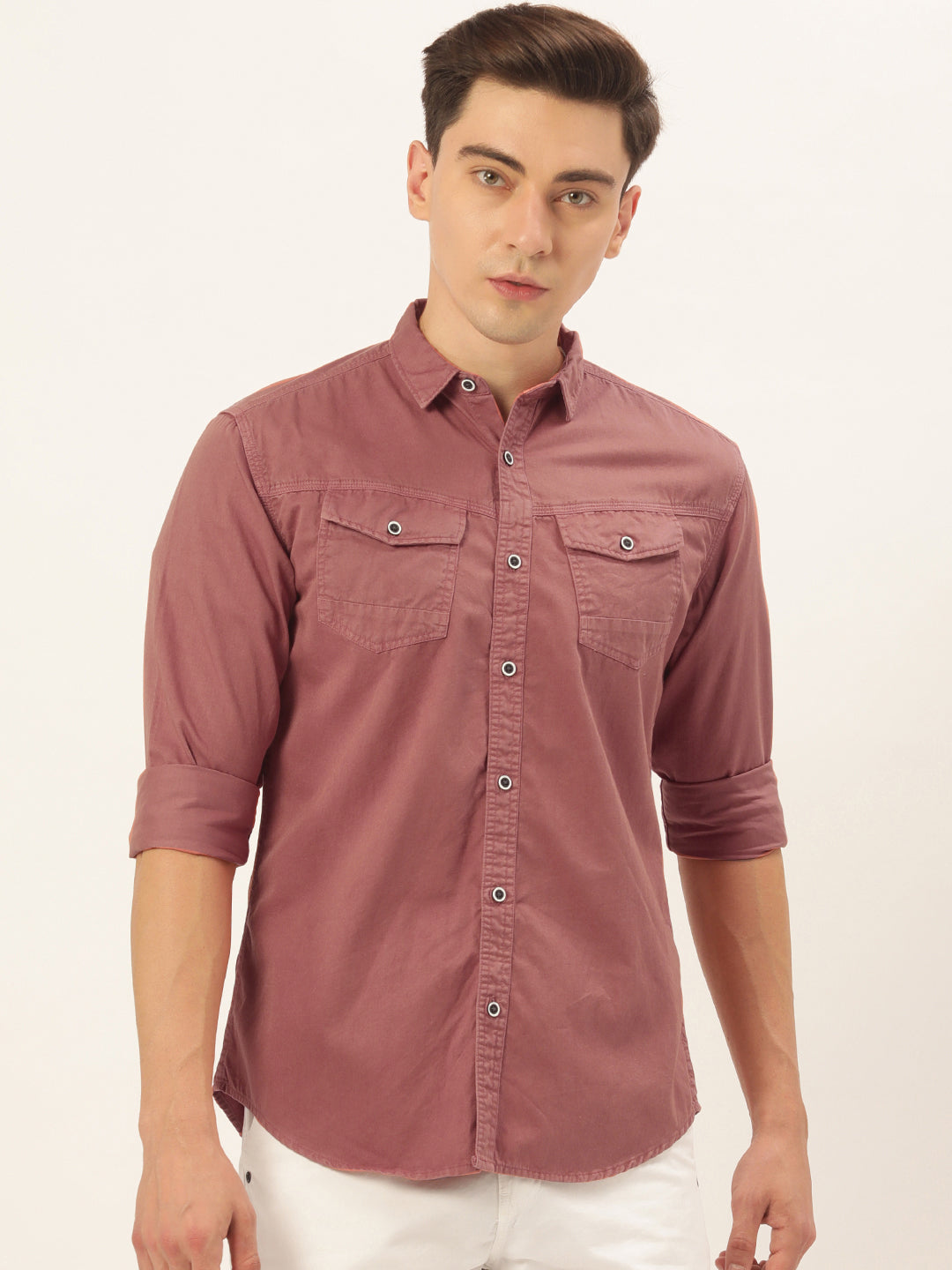 Men Dusty Pink Slim Fit Solid Casual Shirt