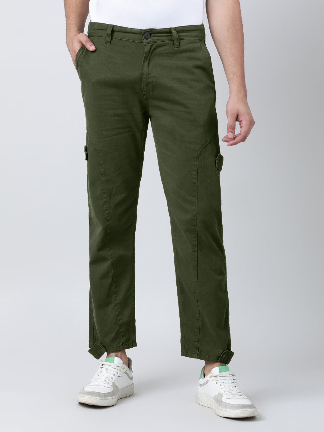 Men Olive Relaxed Fit Solid Carpenter Style Trouser with Loop Detailing