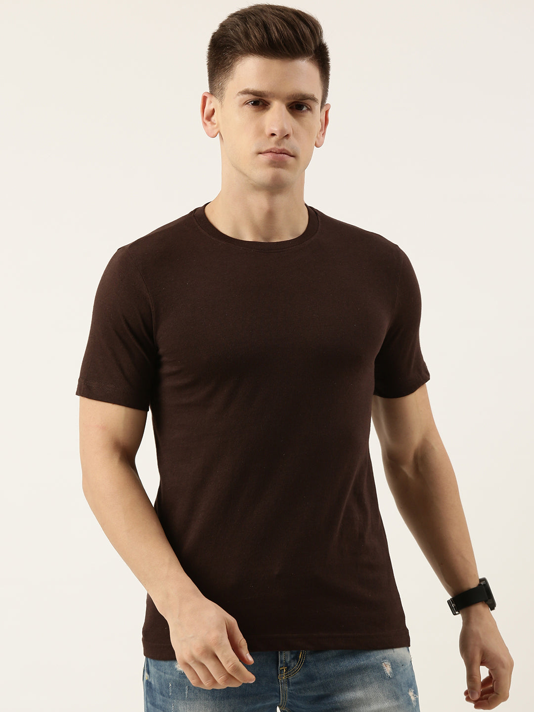 Men Brown Solid Regular Fit T-Shirt