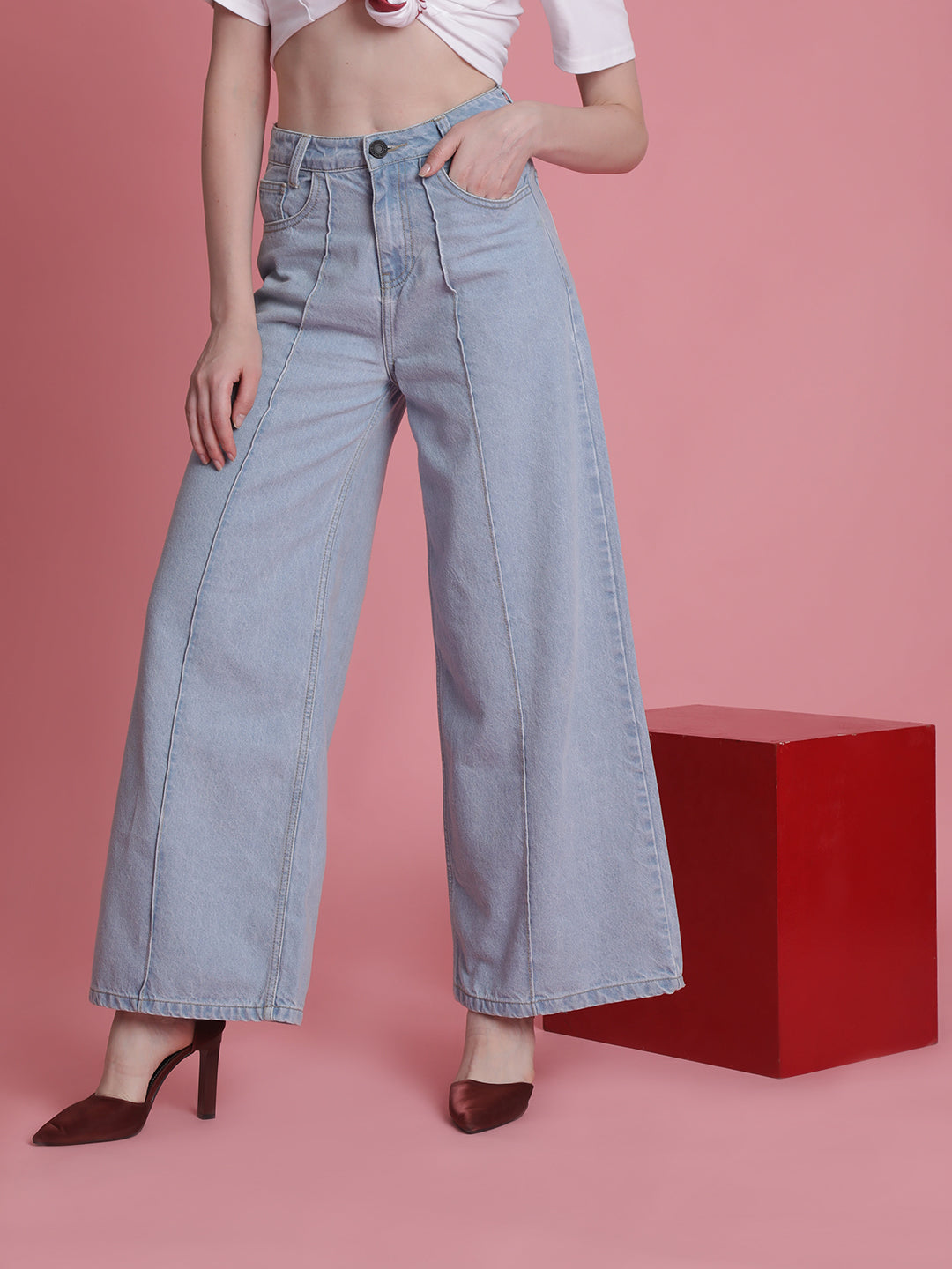 Women Wide Leg Light Blue Jeans