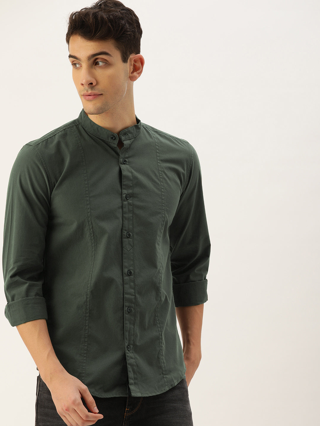 Men Olive Solid Slim Fit Casual Shirt