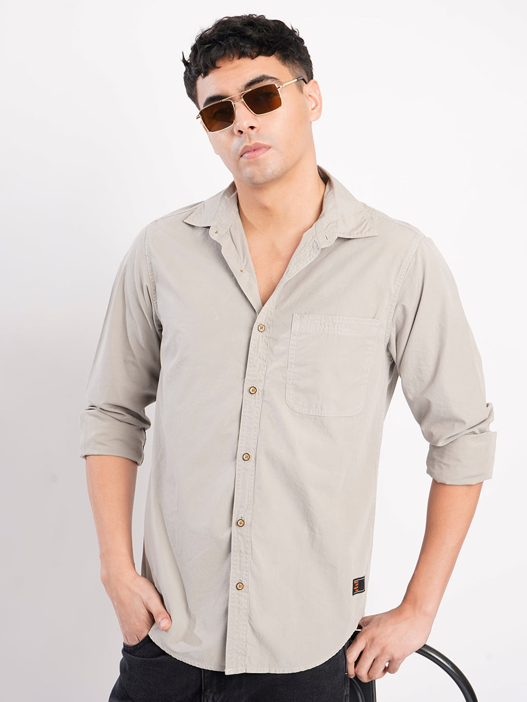Men Grey Chest Pocket Shirt