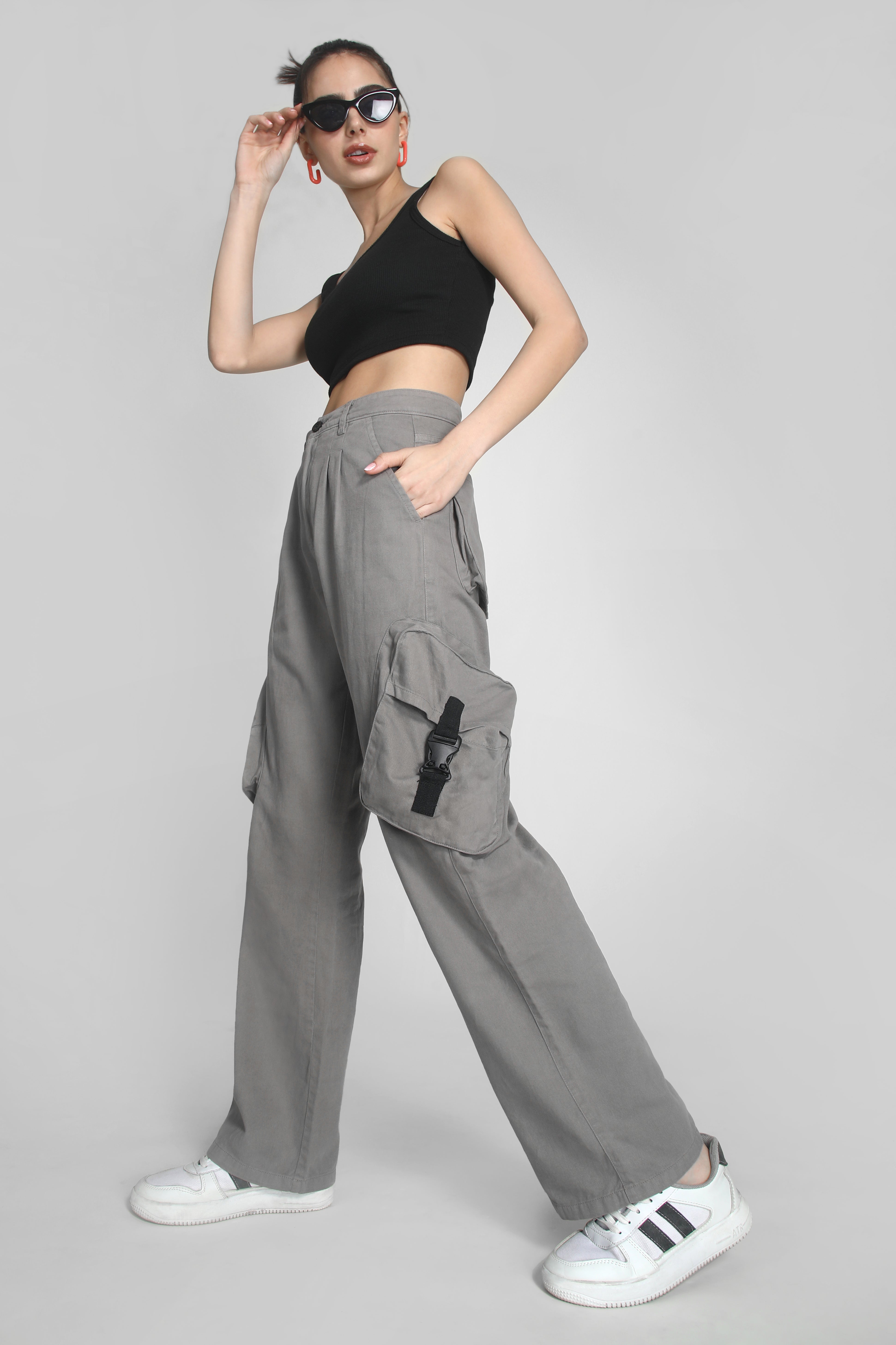 Women Straight Fit Cargo Trouser With Buckle Detailing