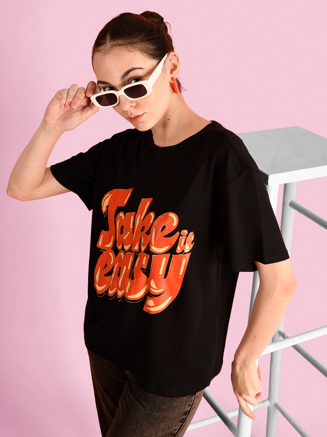 Women’s Black Typography Printed Round Neck Cotton Oversized T-Shirt