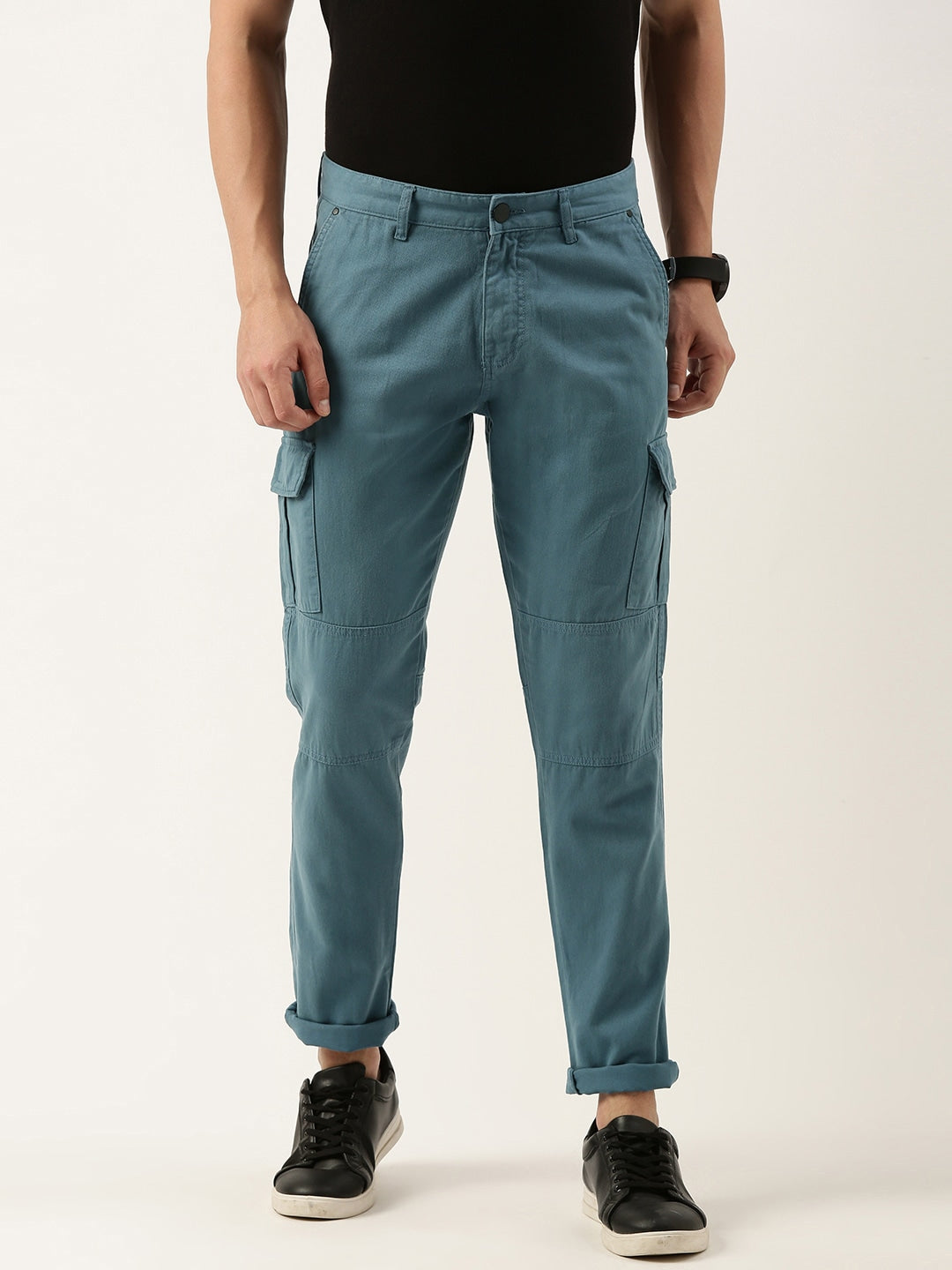 Men Blue Stone Slim Fit Solid Cargo Trouser