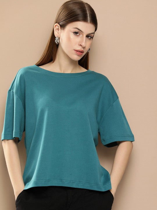 Women Teal Oversized Interlock Solid T-Shirt