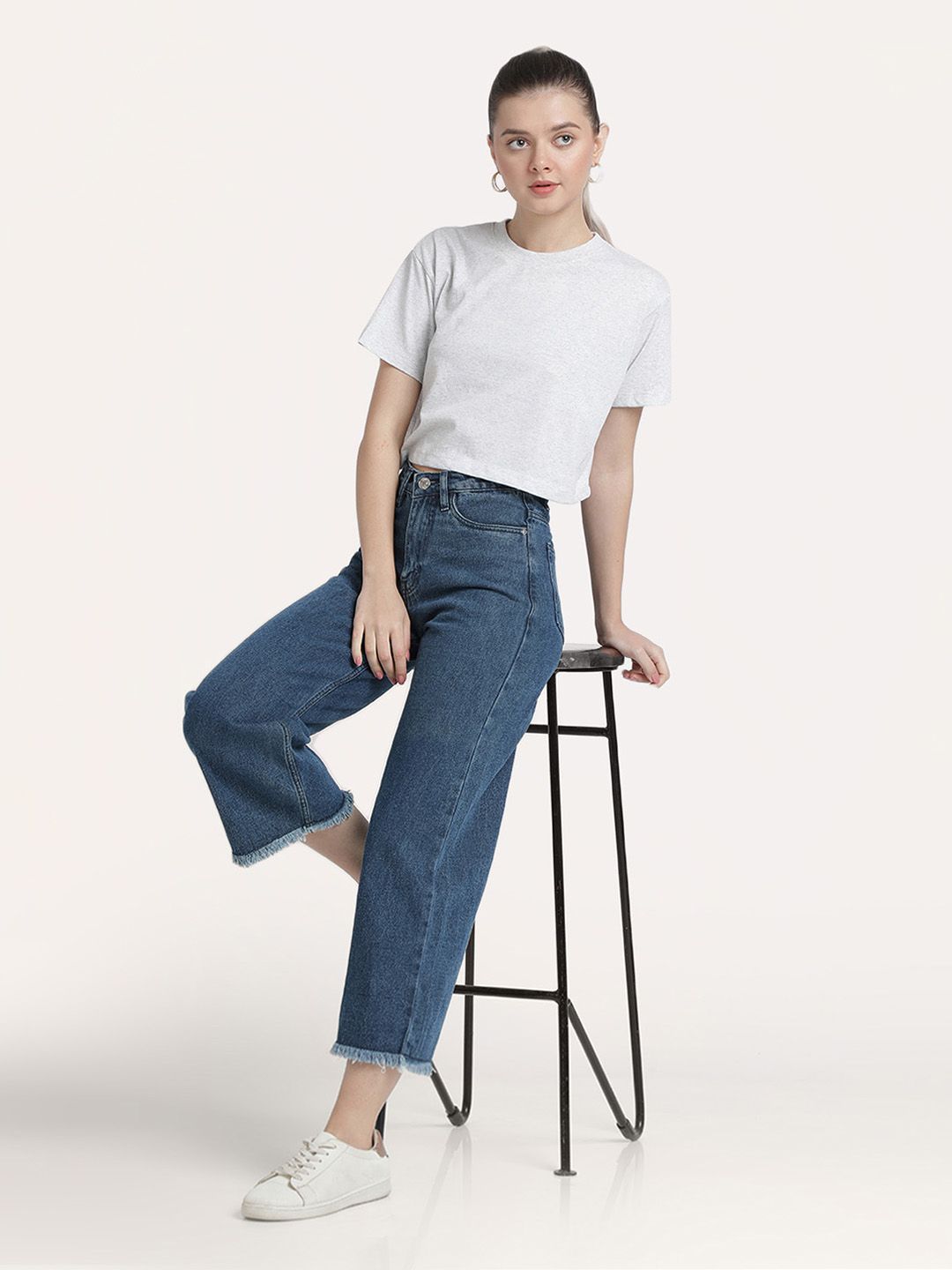 Women White Melange Cropped Solid Sustainable Tee