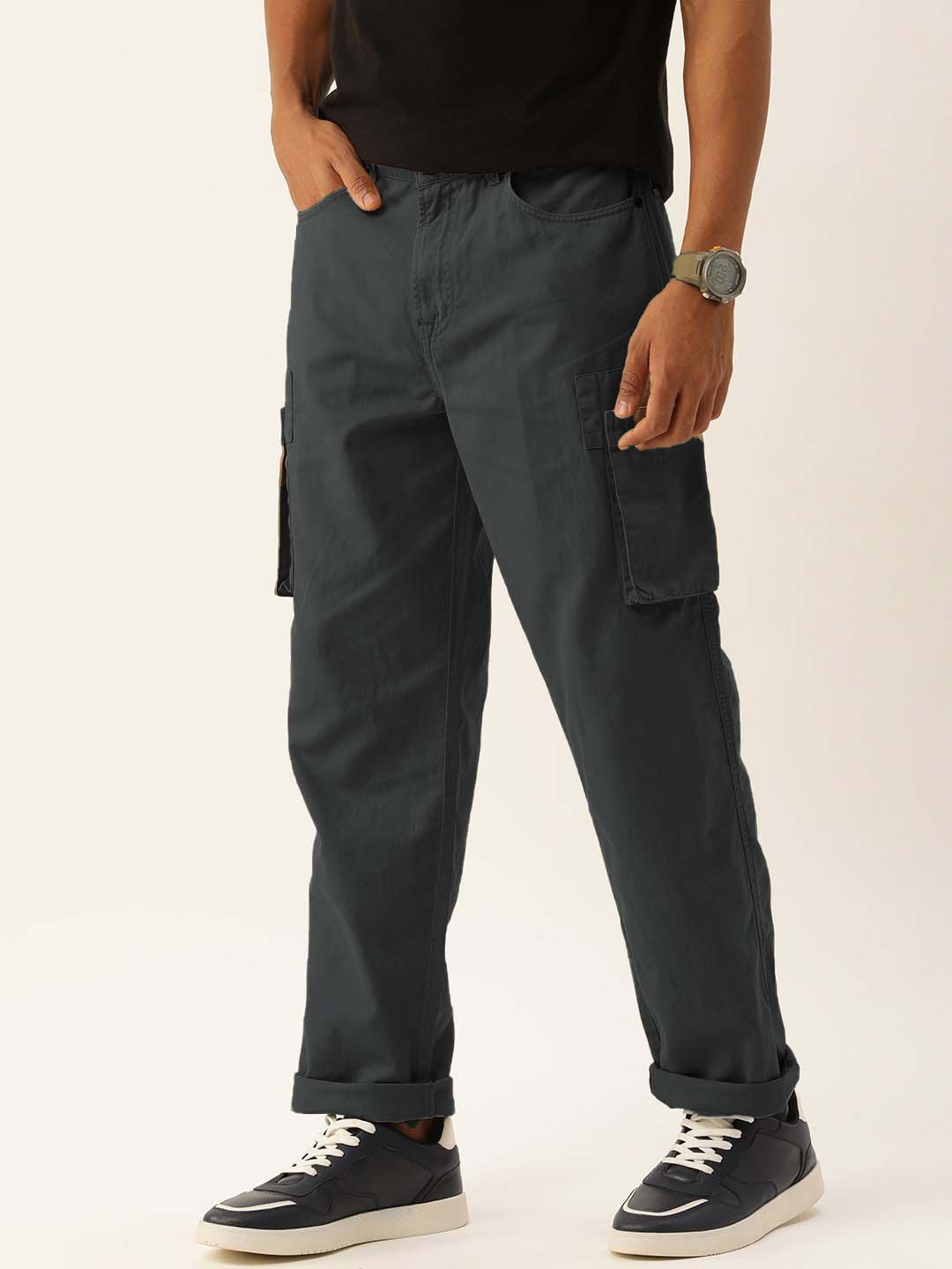 Men Dark Grey Overdyed Straight Fit Solid Cargo Trouser