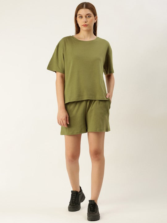 Women Green Olive Co-Ords Set T-Shirt and Shorts