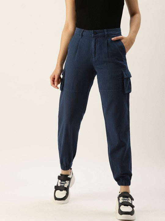 Women Navy Blue Regular Fit Solid Cargo Joggers