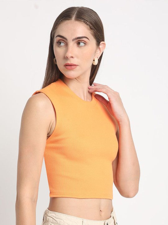 Women Orange Skinny Fit Solid Knitted Top with Back Tie Up