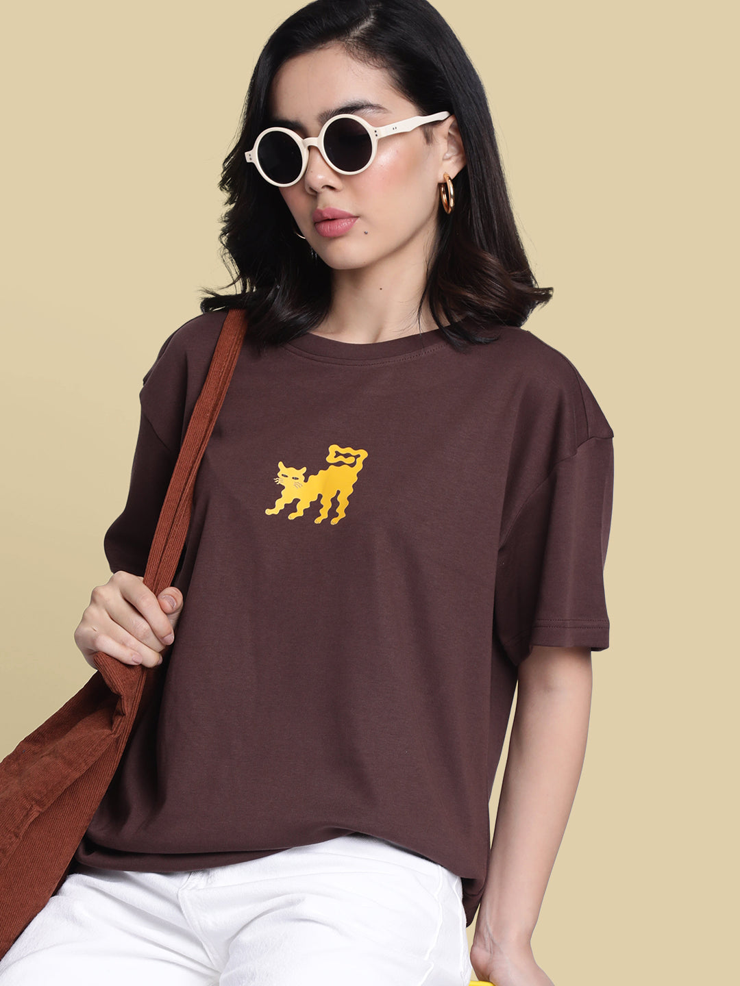 Women Brown 'Nine Lives None Left' Graphic Oversize Tshirt