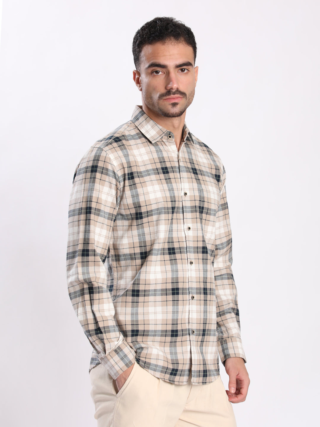 Men Beige and Black Checked Single Pocket Shirt