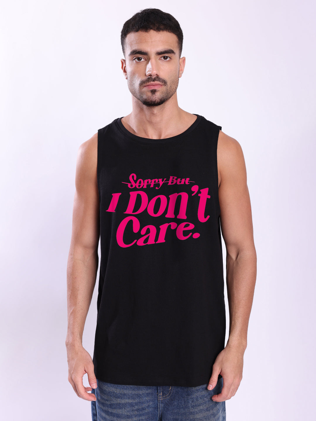 Men Black Sleeveless Typography Print Relax Fit T Shirt
