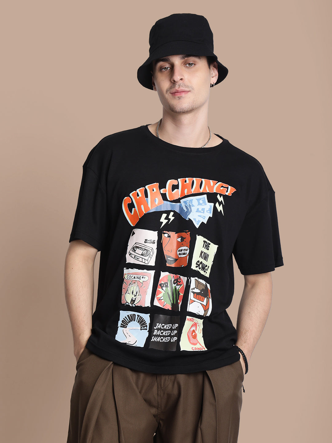 Men 'Cha Ching' Graphic Print Oversized T-shirt