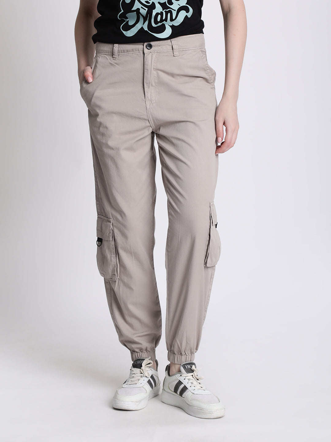 Women Grey Regular Fit Cargo Joggers with Flap Pockets