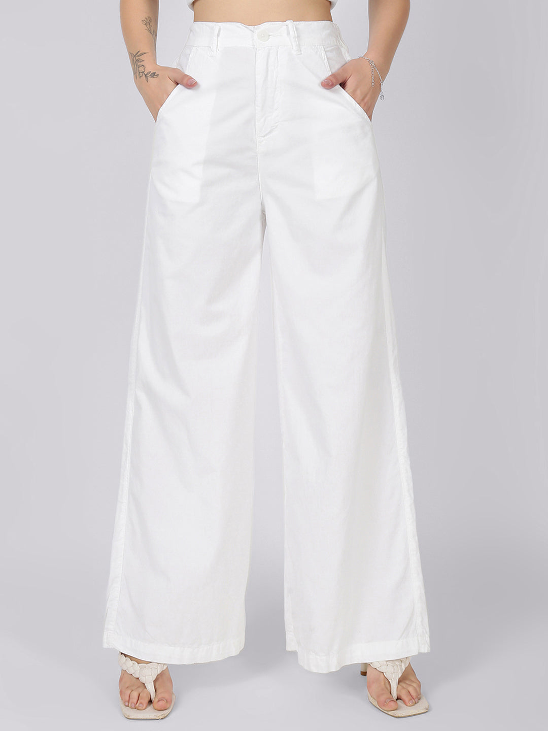 Women Wide Leg White Casual Trouser