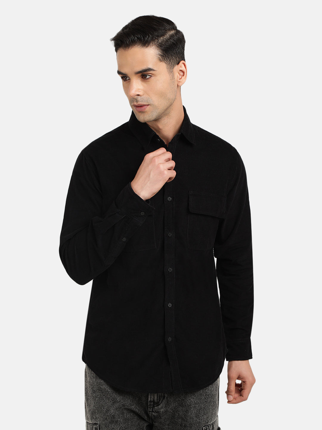 Men Black Corduroy Casual Shirt with Double Chest Flap Pocket