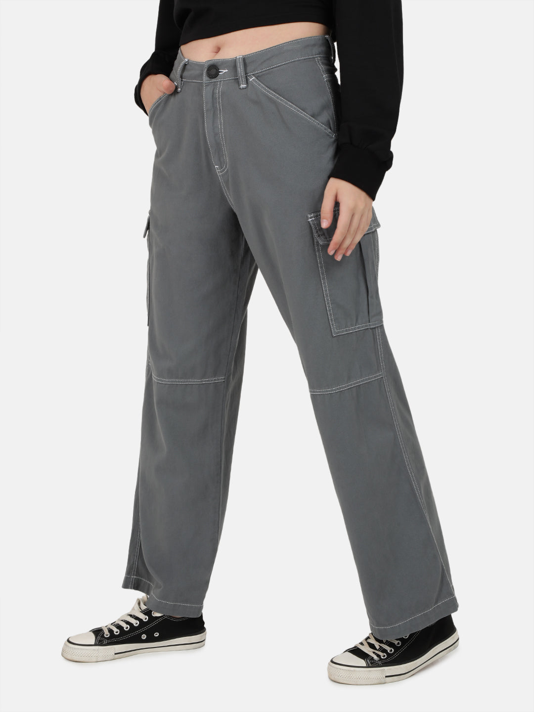 Women Iron Grey Overdyed Relaxed Fit Cargo Trousers with Contrast Stitch