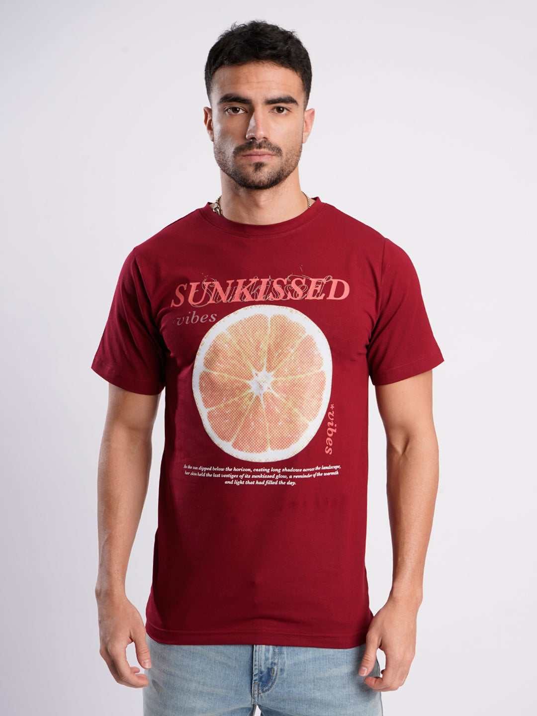 Men Maroon Cotton Lycra Graphic Print T Shirt