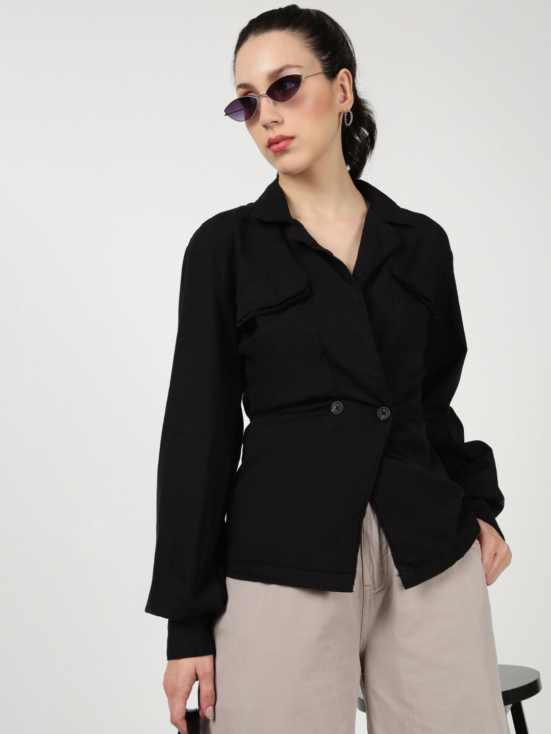 Women Classic Bishop Sleeve Black Casual Shirt