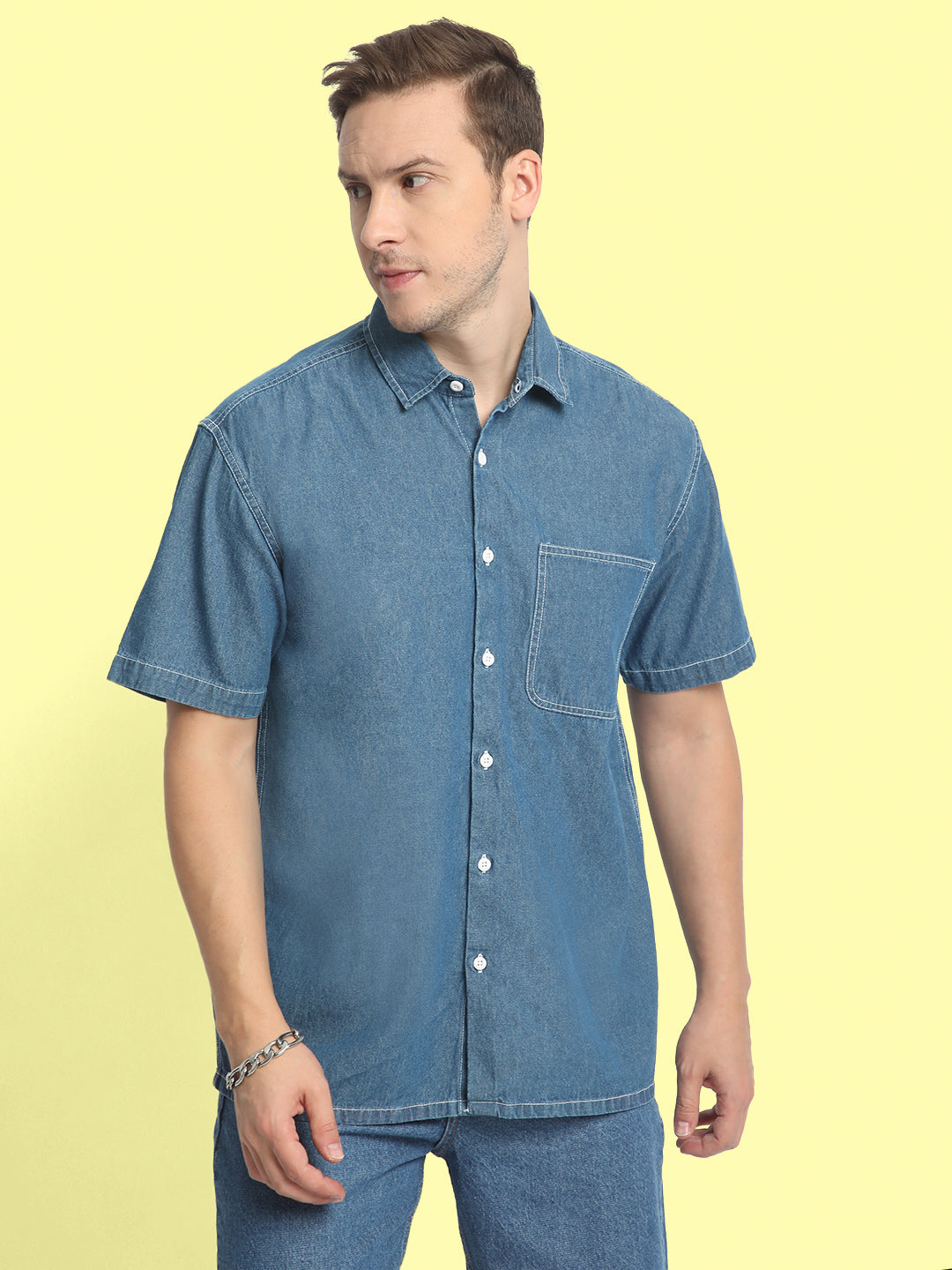 Men Blue Half Sleeve Denim Shirt with Contrast Stitch