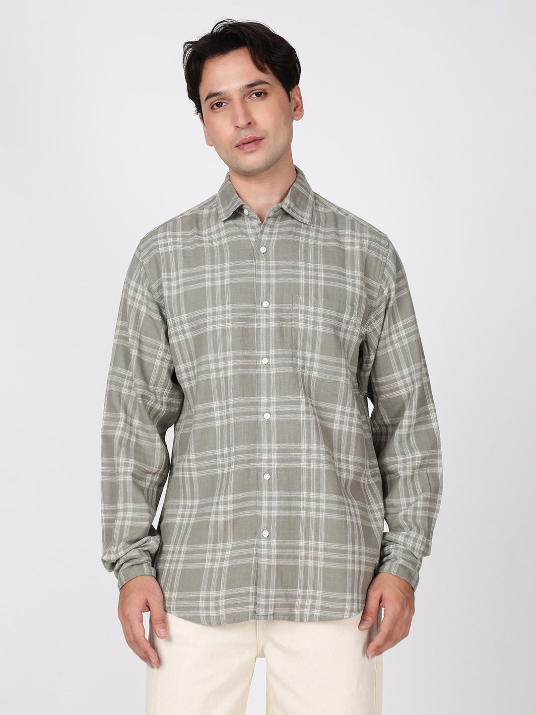 Men Grren Checked Single Pocket  Shirt