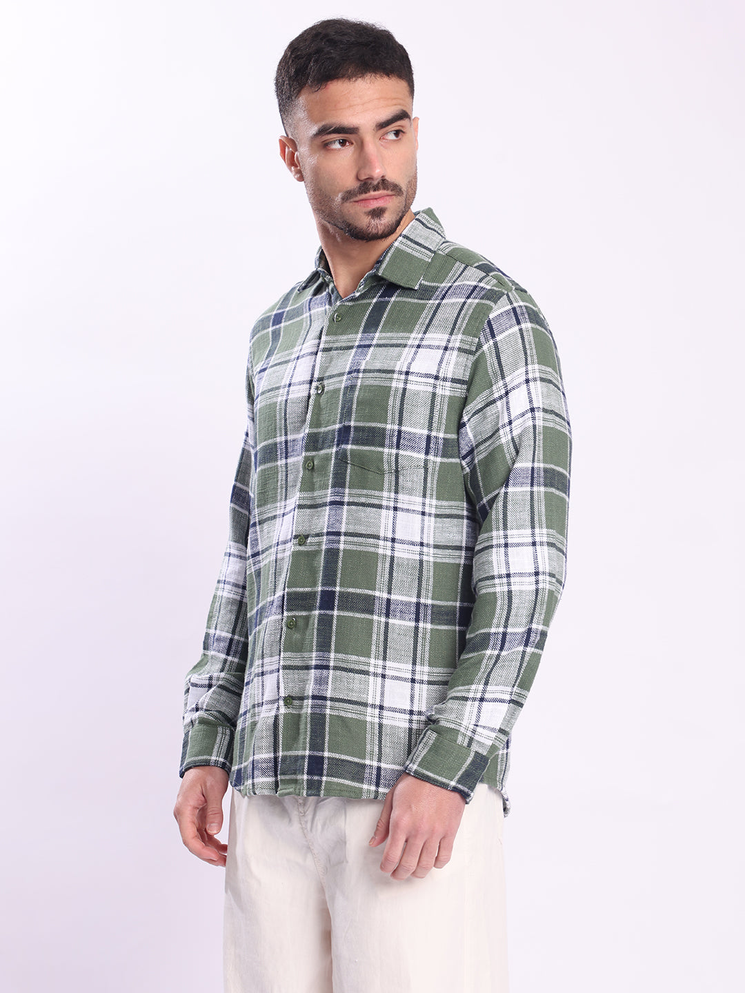 Men Green Checked Single Pocket Shirt