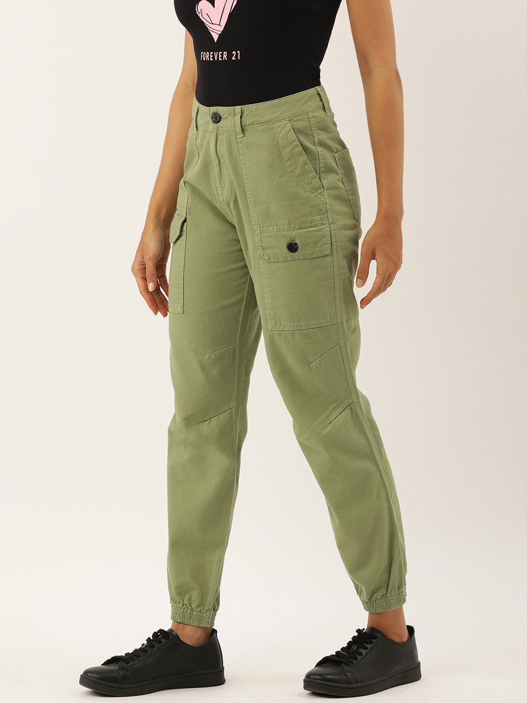 Women Green Herb Regular Fit Solid Cargo Joggers