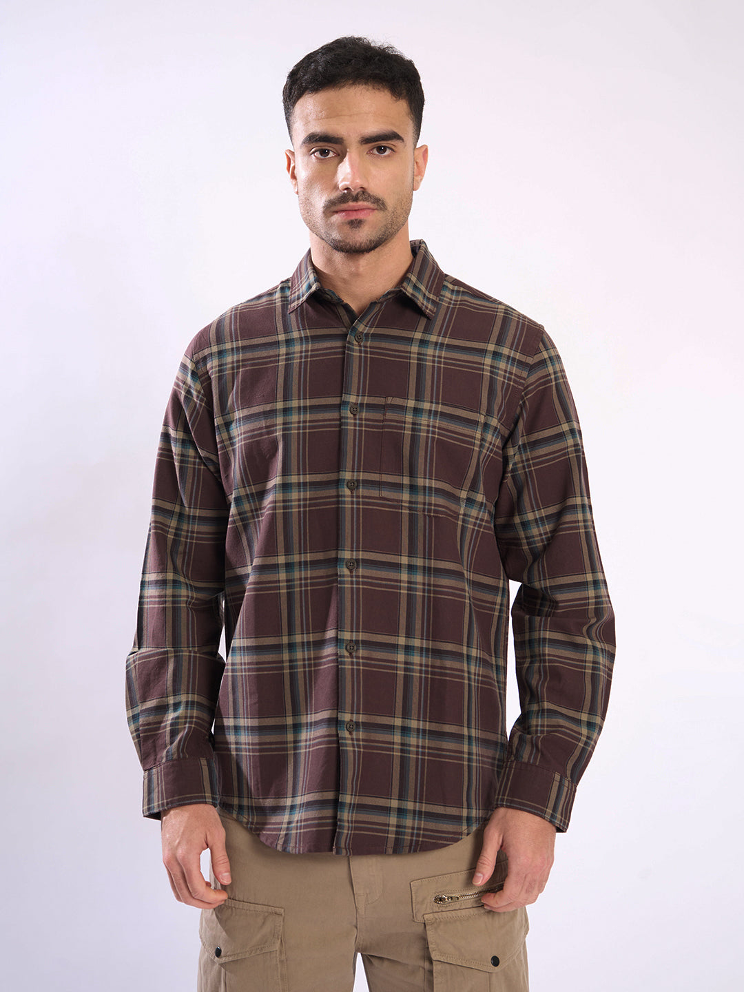 Men Brown Checked Single Pocket Casual Shirt