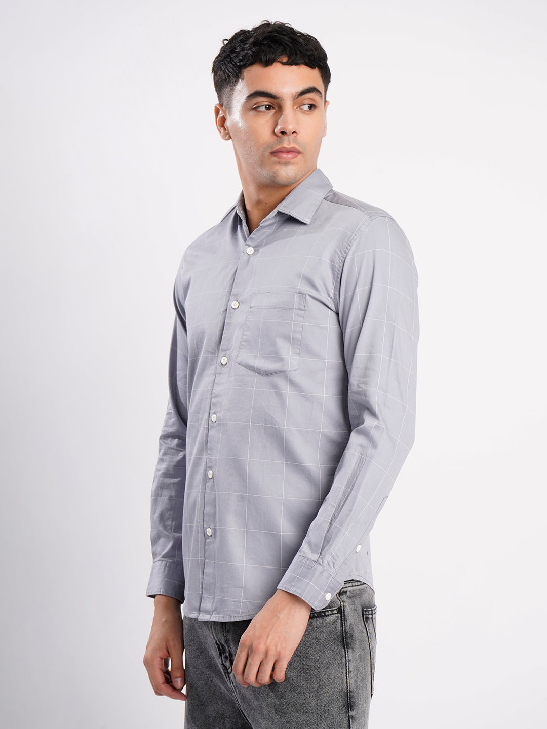Men Grey Checked Single Pocket Shirt