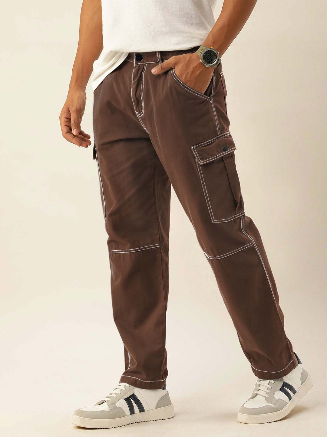 Men Chocolate Brown Relaxed Fit Solid Cargo Trouser